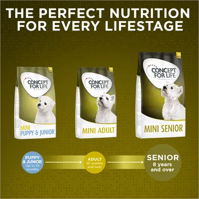 Concept for Life Mini Puppy & Junior, Mini Adult, and Mini Senior dog food packs. Text: Puppy & Junior up to 10 months, Adult 10 months and over, Senior 8 years and over.