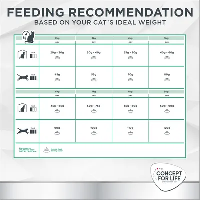 Feeding recommendation chart showing daily dry food amounts for cats by ideal weight, ranging from 20g to 90g, and calories per kg. Advises providing fresh drinking water.