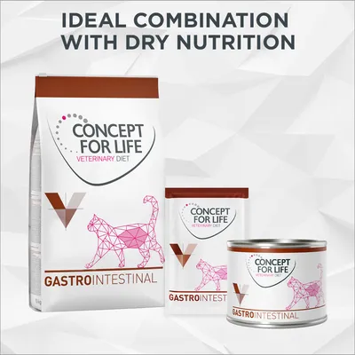 Concept for Life Veterinary Diet Gastrointestinal shown as dry food bag, pouch, and tin with text stating ideal combination with dry nutrition.