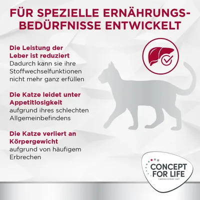 Für spezielle Ernährungsbedürfnisse entwickelt: Leistung der Leber reduziert, Appetitlosigkeit und Gewichtsverlust bei Katzen. Concept for Life Logo sichtbar.