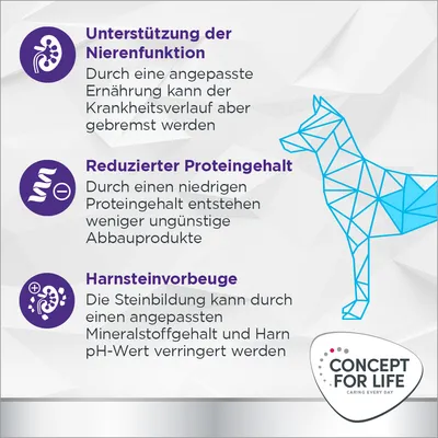 Unterstützung der Nierenfunktion, reduzierter Proteingehalt und Harnsteinvorbeuge durch angepasste Ernährung. Concept for Life Logo unten rechts.