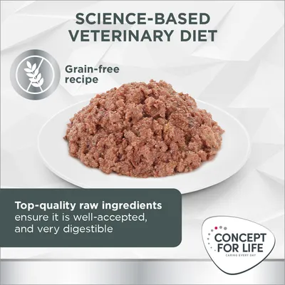 Science-based veterinary diet with grain-free recipe. Top-quality raw ingredients ensure it is well-accepted and very digestible. Concept for Life brand shown.