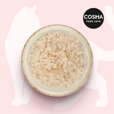 Cosma Pure Love. Schüssel mit zerkleinertem, hellem Fleisch auf rosa Hintergrund mit Katzen-Silhouette.