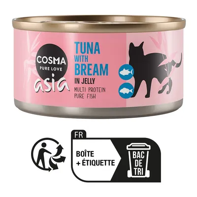 Cosma Pure Love Asia, Tuna with Bream in Jelly, Multi Protein Pure Fish. FR : boîte + étiquette, bac de tri.
