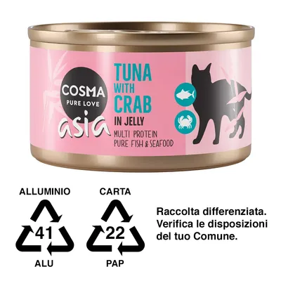 Cosma Pure Love Asia Tuna with Crab in Jelly, Multi Protein Pure Fish & Seafood. Simboli raccolta differenziata: alluminio 41 ALU, carta 22 PAP. Raccolta differenziata, verifica disposizioni locali.