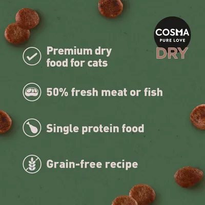 Premium dry food for cats with 50% fresh meat or fish, single protein source and grain-free recipe. COSMA PURE LOVE DRY branding shown.