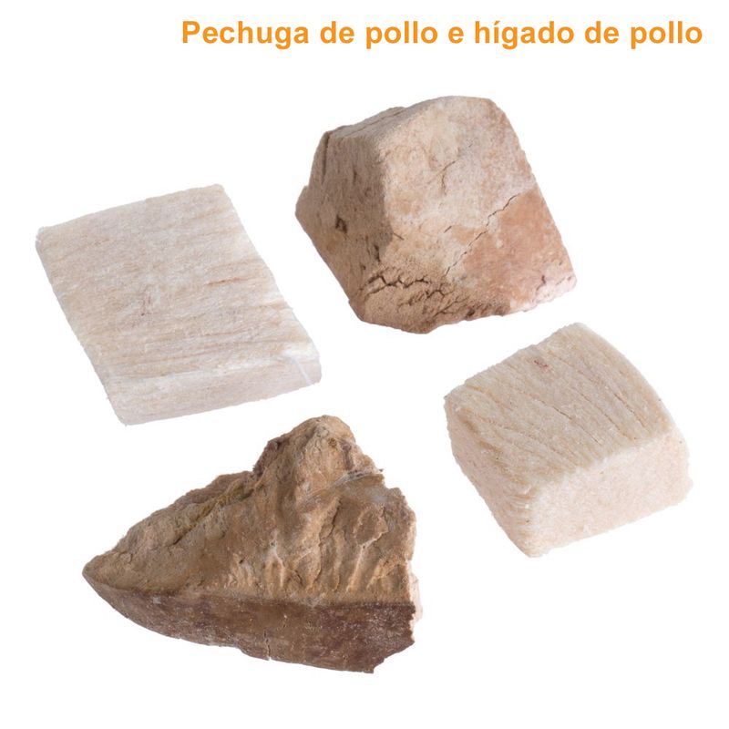 Cuatro trozos de pechuga de pollo e hígado de pollo deshidratados, en diferentes formas y colores claros. Texto visible: Pechuga de pollo e hígado de pollo.
