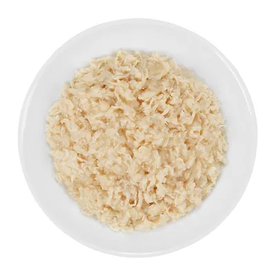 Close-up of shredded, light brown wet food on a white plate.