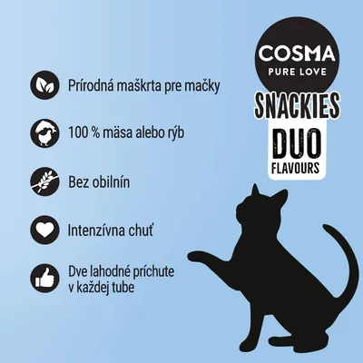 COSMA PURE LOVE SNACKIES DUO FLAVOURS. Prírodná maškrta pre mačky, 100 % mäsa alebo rýb, bez obilnín, intenzívna chuť, dve lahodné príchute v každej tube.