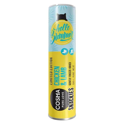 Cosma Snackies Limited Edition csirke és bárány, kíméletesen fagyasztva szárított, 100% tiszta hús. Csomagolás „Hello Summer” dizájnnal.