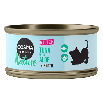 Lata de Cosma Pure Love Nature Kitten, texto visible: Tuna with Aloe in Broth, silueta de gato y símbolos de pez y planta en la etiqueta.