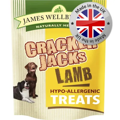 Cracker Jacks lamb hypo-allergenic treats, made in the UK. Packaging shows two animals and highlights naturally healthy ingredients.