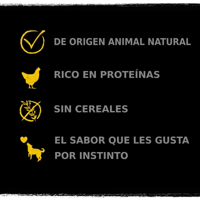 De origen animal natural, rico en proteínas, sin cereales, el sabor que les gusta por instinto. Texto visible en la imagen.