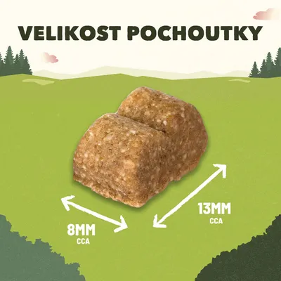 Veľkosť pochúťky: približne 8 mm x 13 mm. Text v češtine: VELIKOST POCHOUTKY.