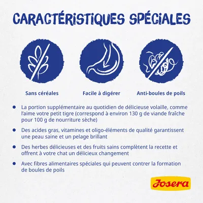 Caractéristiques spéciales Josera : sans céréales, facile à digérer, anti-boules de poils. Points clés : portion quotidienne de volaille, acides gras, vitamines, herbes, fibres alimentaires.
