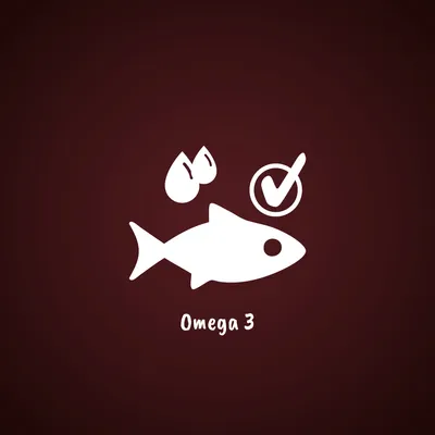 Texte Omega 3 avec icône de poisson, deux gouttes et un symbole coche. Texte en anglais.