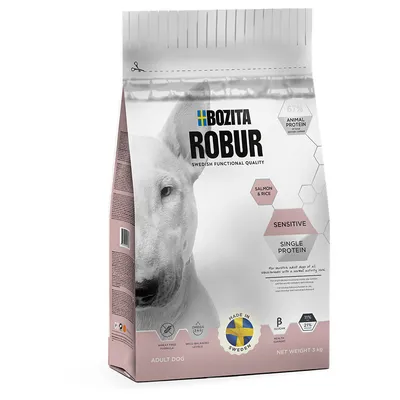 BOZITA ROBUR Swedish Functional Quality, Salmon & Rice, Sensitive, Single Protein, 67 % animal protein, Made in Sweden, Adult Dog, NET WEIGHT 3 kg. Hvede fri opskrift, Omega 6+3.
