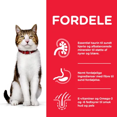 FORDELE: Essentiel taurin til sundt hjerte, afbalancerede mineraler til nyrer og blære, nemt fordøjelige ingredienser med fibre, E-vitaminer og Omega-3 og -6 fedtsyrer til hud og pels.