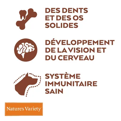Nature’s Variety. Текст на французском: крепкие зубы и кости, развитие зрения и мозга, здоровая иммунная система.