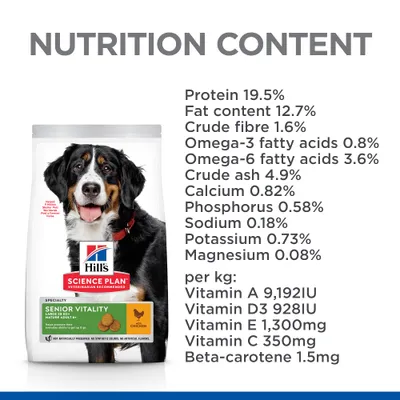 Hill's Science Plan Senior Vitality Large 25 kg. Ανάλυση: πρωτεΐνη 19,5 %, λίπος 12,7 %, ίνες 1,6 %, ασβέστιο 0,82 %, βιταμίνη Α 9.192 IU, D3 928 IU, Ε 1.300 mg, C 350 mg, β-καροτένιο 1,5 mg.
