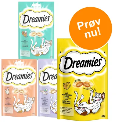 Fire poser Dreamies kattegodbidder, synlige varianter: kalkun, kylling, and og ost. Orange cirkel med teksten 'Prøv nu!'. Hver pose indeholder 60 g.