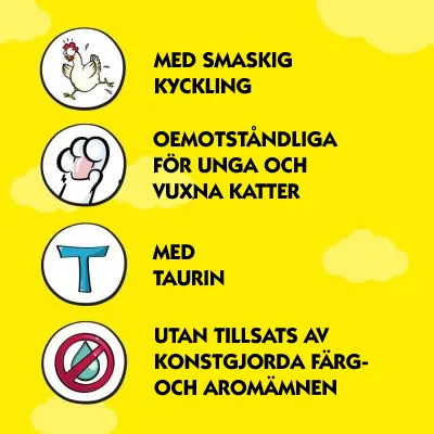 Med smaskig kyckling. Oemotståndliga för unga och vuxna katter. Med taurin. Utan tillsats av konstgjorda färg- och aromämnen.