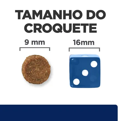 Tamanho do croquete: diâmetro de 9 mm ao lado de um dado azul com 16 mm. Texto visível: 'TAMANHO DO CROQUETE', '9 mm', '16 mm'.