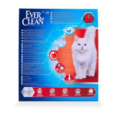 Balení steliva pro kočky Ever Clean s bílou kočkou, seznamem vlastností v několika jazycích a piktogramy znázorňujícími použití a benefity produktu.