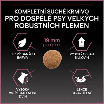Kompletní suché krmivo pro dospělé psy velkých robustních plemen, granule 19 mm, bez přidaných barviv, vysoký obsah bílkovin, vysoká vstřebatelnost živin, lehce stravitelné.