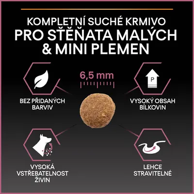 Kompletné suché krmivo pre šteňatá malých a mini plemien, veľkosť granuly 6,5 mm, bez pridaných farbív, vysoký obsah bielkovín, vysoká vstrebateľnosť živín, ľahko stráviteľné. Text v češtine.