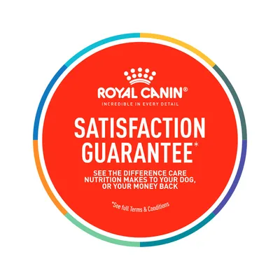 Royal Canin. SATISFACTION GUARANTEE. SEE THE DIFFERENCE CARE NUTRITION MAKES TO YOUR DOG, OR YOUR MONEY BACK. *See full Terms & Conditions. Текст на английском языке.