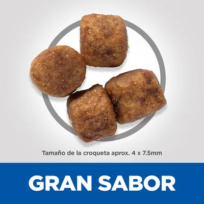 Croquetas de pienso, tamaño aproximado 4 x 7,5 mm. Texto: GRAN SABOR.