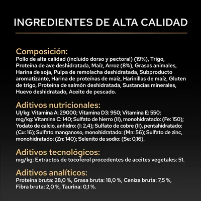 Lista de ingredientes: pollo, trigo, proteína de ave deshidratada, maíz, arroz (8%), grasas animales, harina de soja, pulpa de remolacha, minerales, aceite de pescado. Análisis: proteína 28%, grasa 18%. Lista de ingredientes: pollo, trigo, proteína de ave deshidratada, maíz, arroz (8%), grasas animales, harina de soja, pulpa de remolacha, minerales, aceite de pescado. Análisis: proteína 28%, grasa 18%.