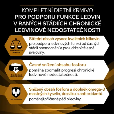 Text v češtine: Kompletní dietní krmivo pro podporu funkce ledvin v raných stádiích chronické ledvinové nedostatečnosti. Střední obsah bílkovin, snížený fosfor, omega-3, draslík, antioxidanty.