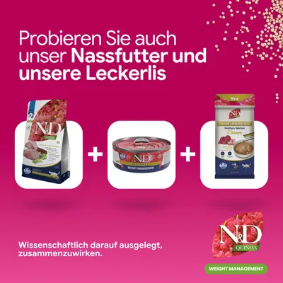 Probieren Sie auch unser Nassfutter und unsere Leckerlis. Wissenschaftlich darauf ausgelegt, zusammenzuwirken. N&D Quinoa Weight Management Produkte abgebildet.