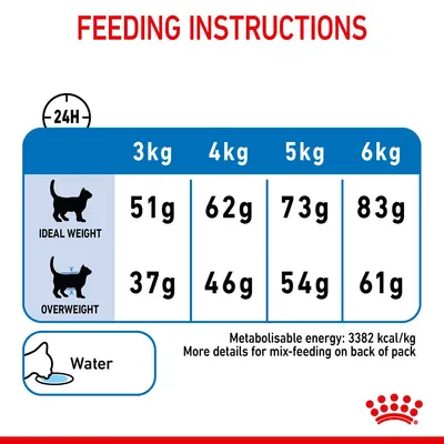 Feeding guide showing daily grams for ideal and overweight cats: 3kg 51g/37g, 4kg 62g/46g, 5kg 73g/54g, 6kg 83g/61g. Ensure water is available. Energy: 3382 kcal/kg.