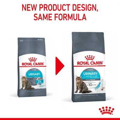 Image shows Royal Canin Urinary Care packaging changing to a new design with the text 'New product design, same formula'. Formula remains unchanged despite updated packaging.