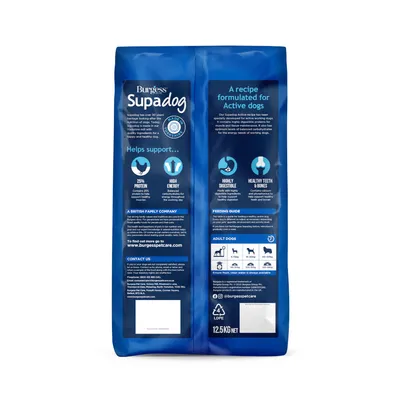 Back of Burgess Supadog bag showing 25% protein, high energy, highly digestible, healthy teeth and bones, feeding guide for adult dogs by weight, and contact details.