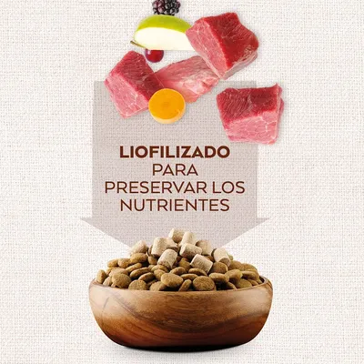 LIOFILIZADO PARA PRESERVAR LOS NUTRIENTES. Imagem mostra pedaços de carne, fruta e legumes acima de uma taça com ração seca para animais. Texto em espanhol visível na imagem.