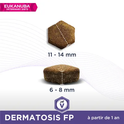 Croquette Eukanuba Veterinary Diets Dermatosis FP, diamètre 11–14 mm, hauteur 6–8 mm, à partir de 1 an. Marque et nom du produit visibles sur l’image.