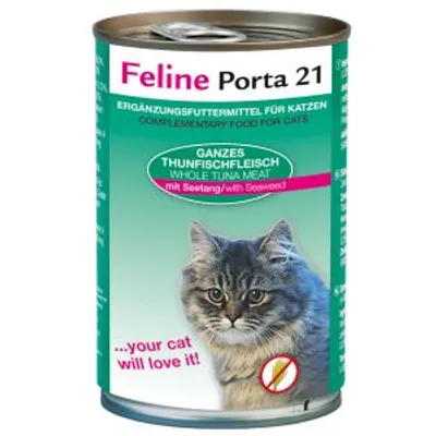 Feline Porta 21, cibo complementare per gatti, carne di tonno intero con alghe. Testo visibile: 'your cat will love it!'. Immagine di un gatto sul fronte della lattina.