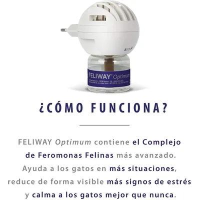 Difusor Feliway Optimum. Texto: ¿CÓMO FUNCIONA? Feliway Optimum contiene el Complejo de Feromonas Felinas más avanzado. Ayuda a los gatos en más situaciones, reduce signos de estrés y calma mejor.