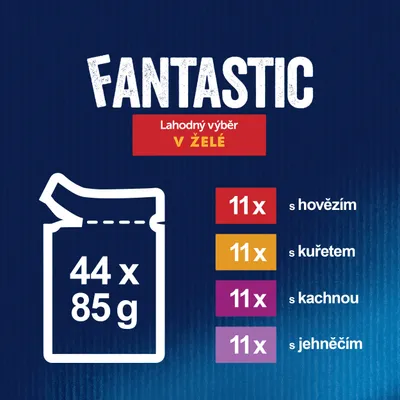 FANTASTIC Lahodný výběr v želé, 44×85 g: 11× s hovězím, 11× s kuřetem, 11× s kachnou, 11× s jehněčím