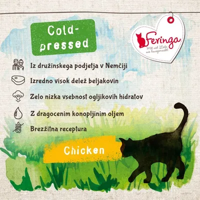 Feringa. Cold-pressed. Iz družinskega podjetja v Nemčiji, izredno visok delež beljakovin, zelo nizka vsebnost ogljikovih hidratov, z dragocenim konopljinim oljem, brezžitna receptura. Chicken.