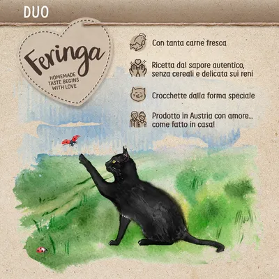 Feringa DUO. Homemade taste begins with love. Con tanta carne fresca, ricetta senza cereali delicata sui reni, crocchette dalla forma speciale, prodotto in Austria come fatto in casa.