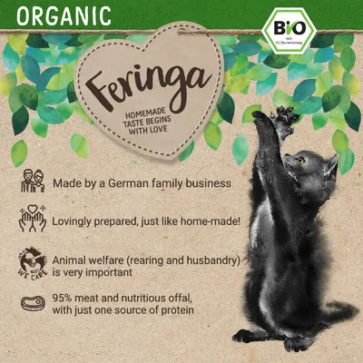 Feringa homemade taste begins with love. Organic. Made by a German family business. Lovingly prepared, just like home-made! Animal welfare is very important. 95% meat and nutritious offal.