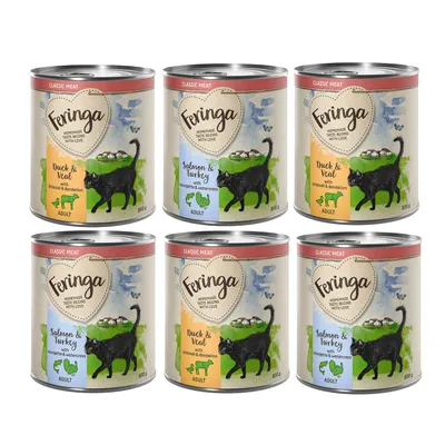Pack de 6 latas Feringa Classic Meat para gatos adultos, variedades Duck & Veal con brócoli y diente de león, y Salmon & Turkey con calabacín y berro, 800 g cada lata.