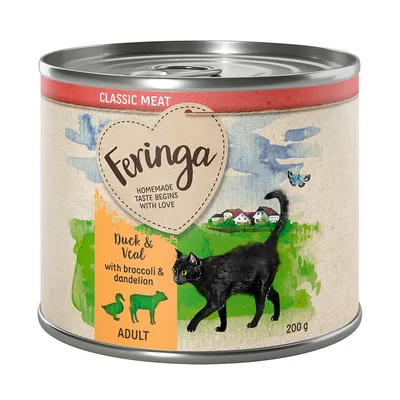 Feringa Classic Meat, Adult, ankka ja vasikka, parsakaali ja voikukka, 200g. Kuvitus mustasta kissasta maalaismaisemassa.