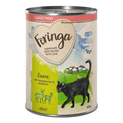 Boîte de nourriture pour chat adulte Feringa, Classic Meat, Game with lingonberries & dandelion, 400 g. Illustration de chat noir et deux cerfs visibles sur l’emballage.