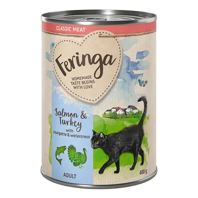 Feringa Classic Meat. Märkäruoka kissoille, lohi ja kalkkuna kesäkurpitsalla ja vesikrassilla. Paino: 400g. Aikuisille kissoille.